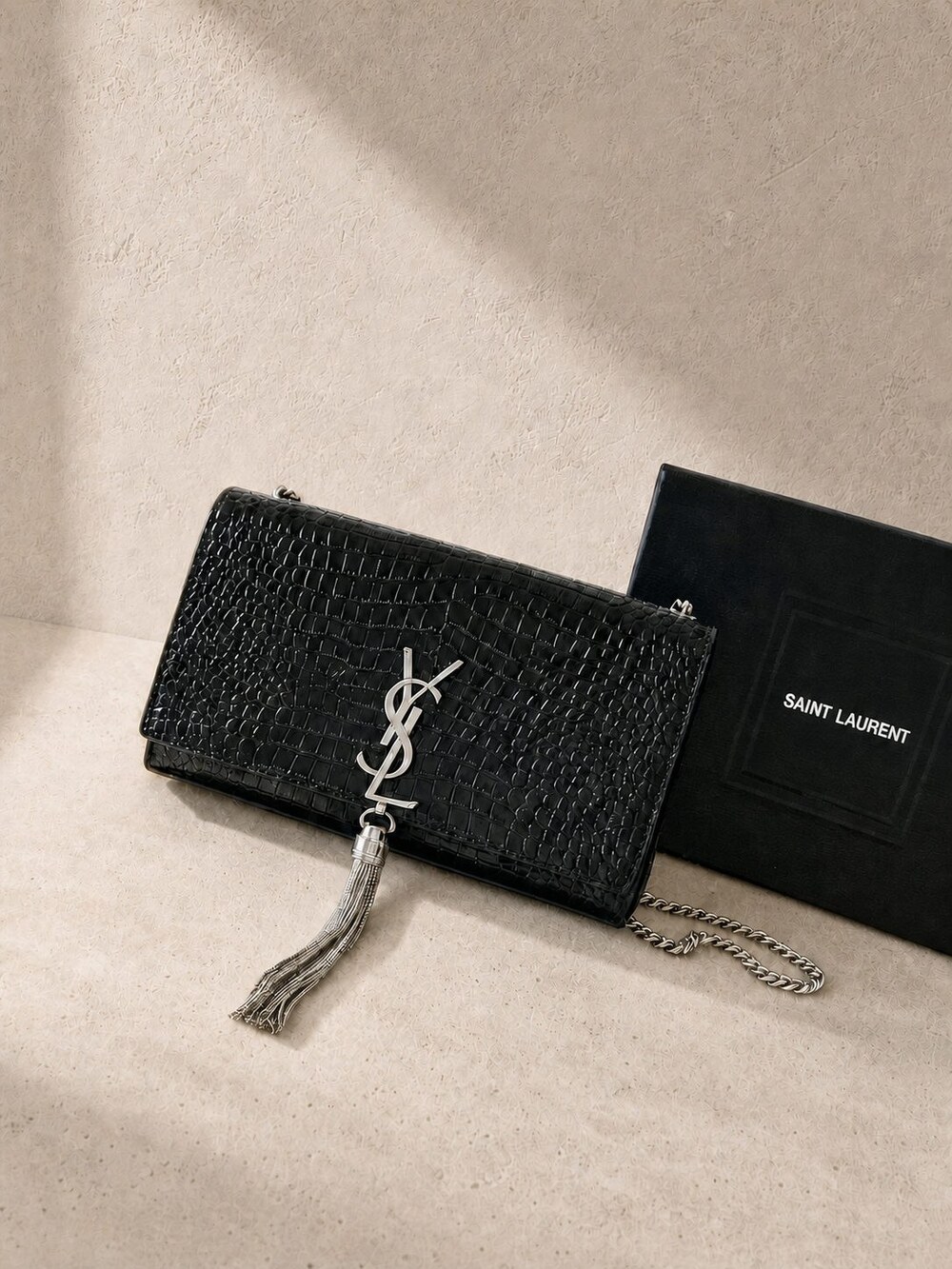 Yves Saint Laurent Kate Black Croc Embossed Tassel Chain Bag
